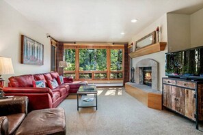 Tv, eldstad och en stereo