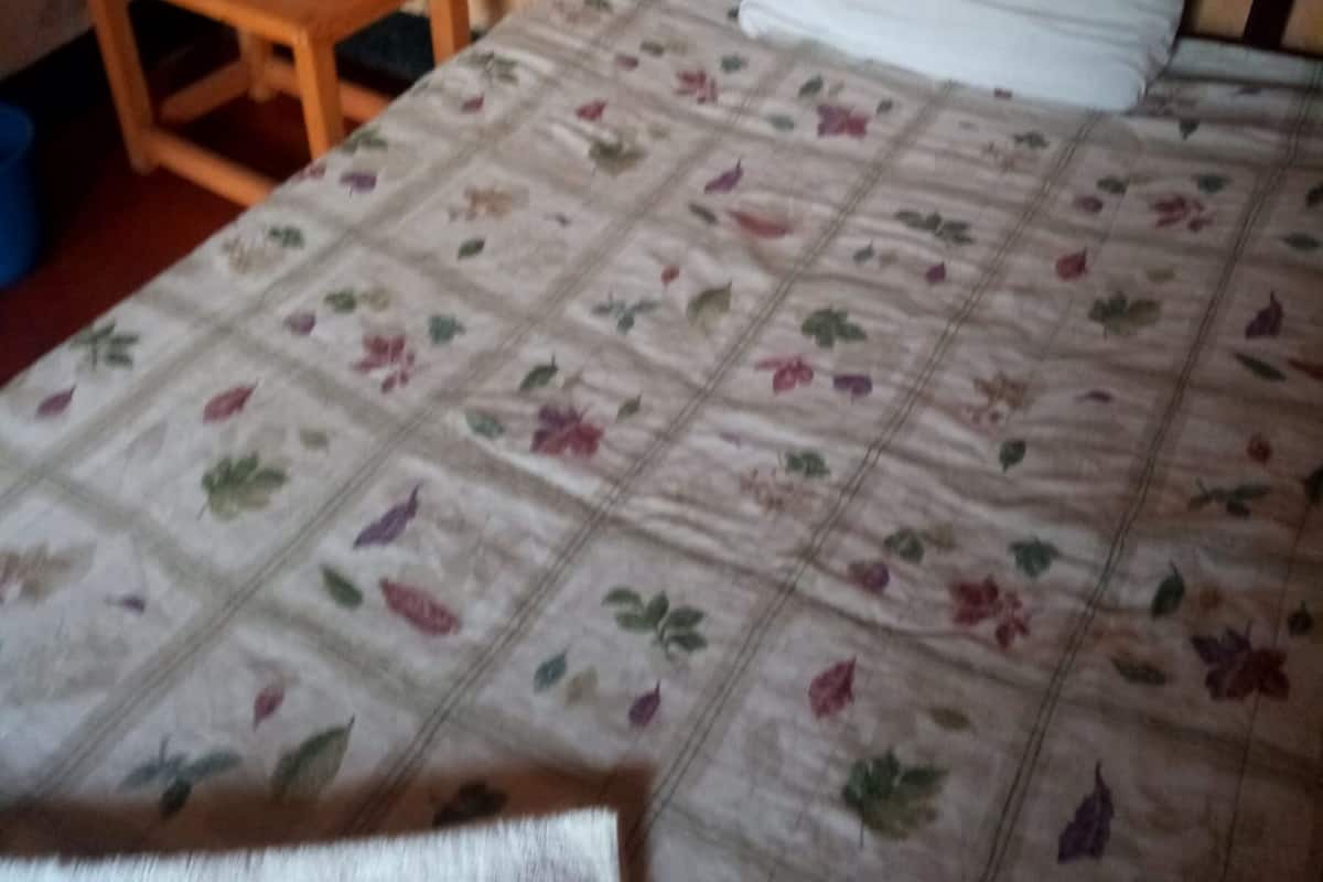 A bed with a floral-patterned bedspread, a wooden nightstand, and a blue trash bin.