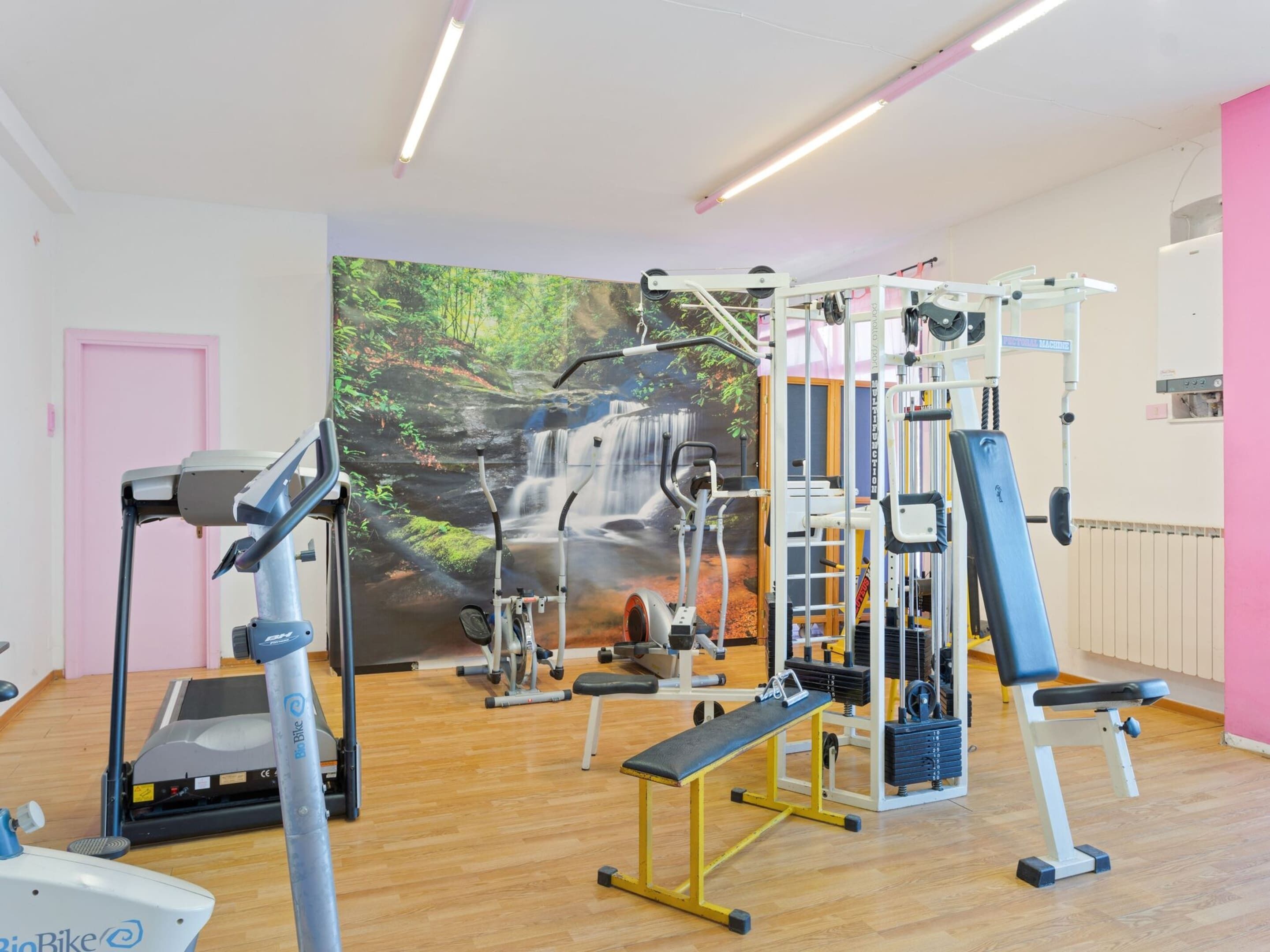A gym with cardio equipment, weight machines, and a bench.