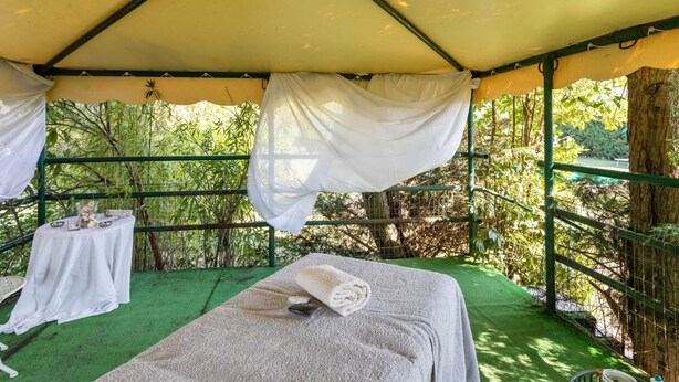 A tented outdoor area with a bed, a table with items, and a view of greenery.