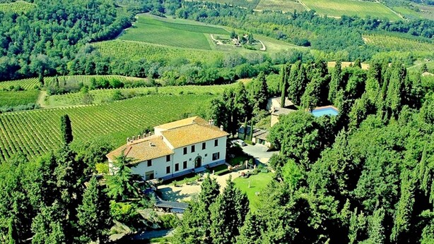 A large estate with expansive vineyards, a central building with a tiled roof, and surrounding greenery.