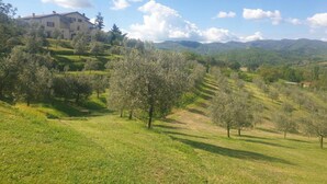 A rural landscape with a large building on a hill, surrounded by trees and open fields. - Belvilla by OYO Loggia (San Casciano in Val di Pesa)