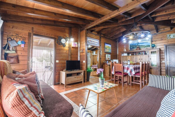 A wooden interior with a sofa, television, dining table, and chairs.
