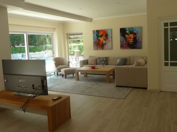 Smart TV, fireplace, DVD player, books
