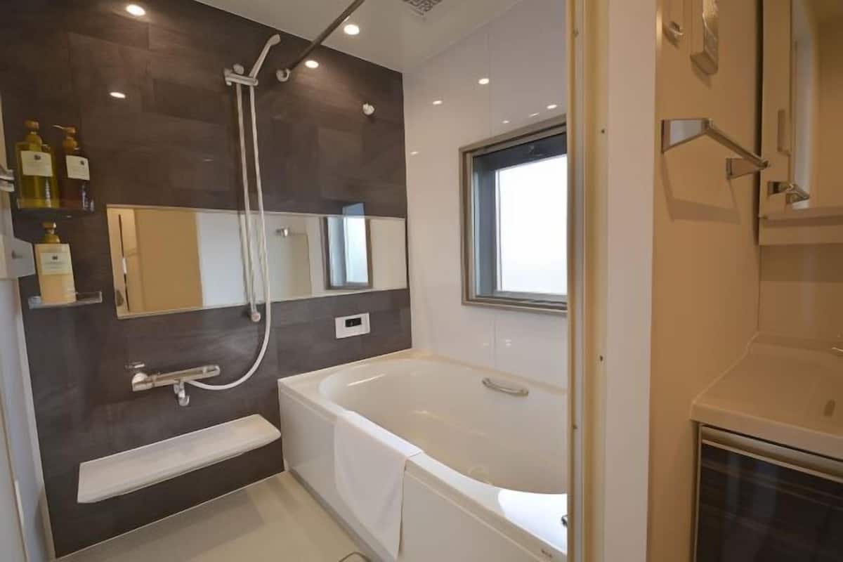 Separate bathtub and shower, free toiletries, hair dryer, slippers
