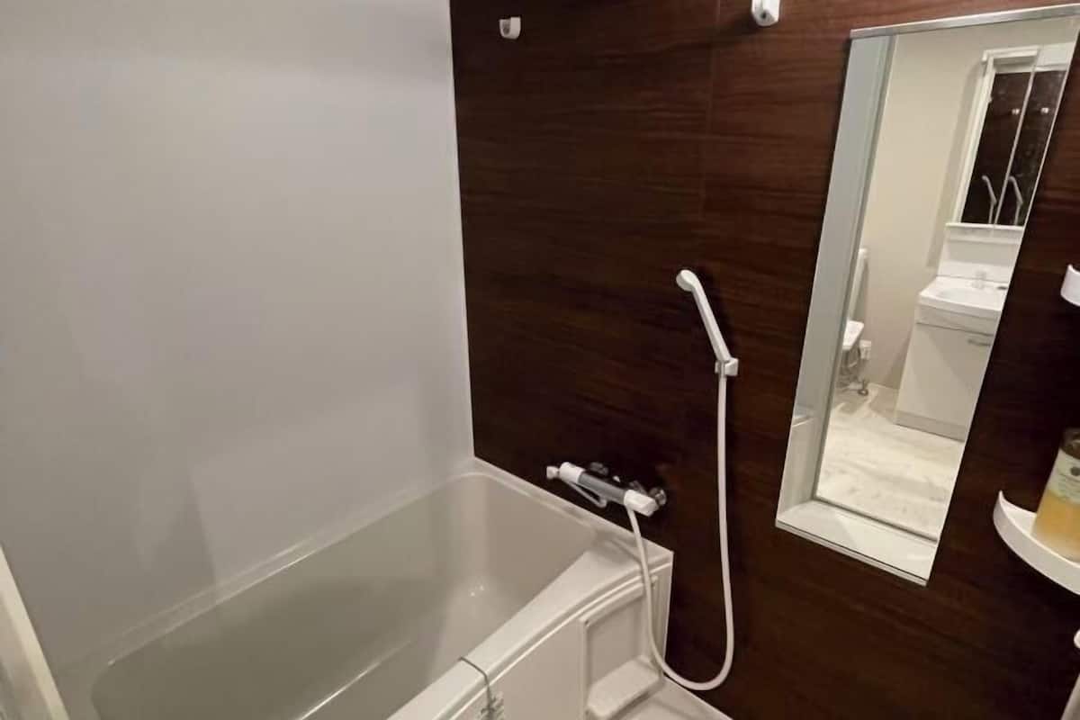 Een aparte badkuip en douche, gratis toiletartikelen, een haardroger