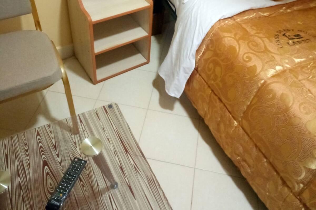 Habitación de hotel con una cama, una mesita de noche con un florero, una silla y una mesa de madera con un control remoto.
