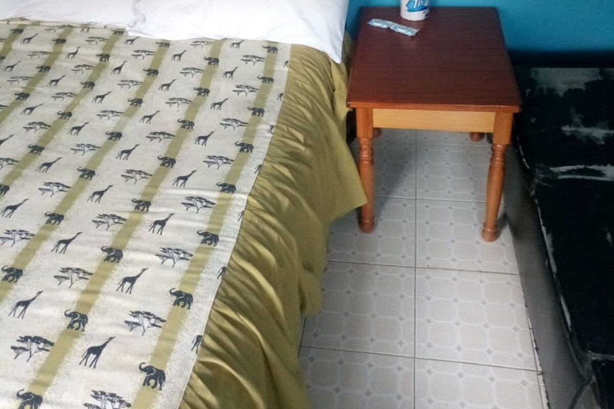 A bed with a patterned bedspread, a bedside table with a roll of toilet paper, and a blue wall.