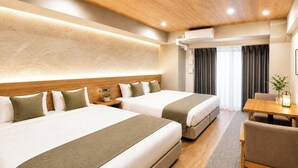 A hotel room with two beds, a desk, a chair, a TV, and a window with curtains. - TAKUTO HOTEL Shinsaibashi (Osaka)