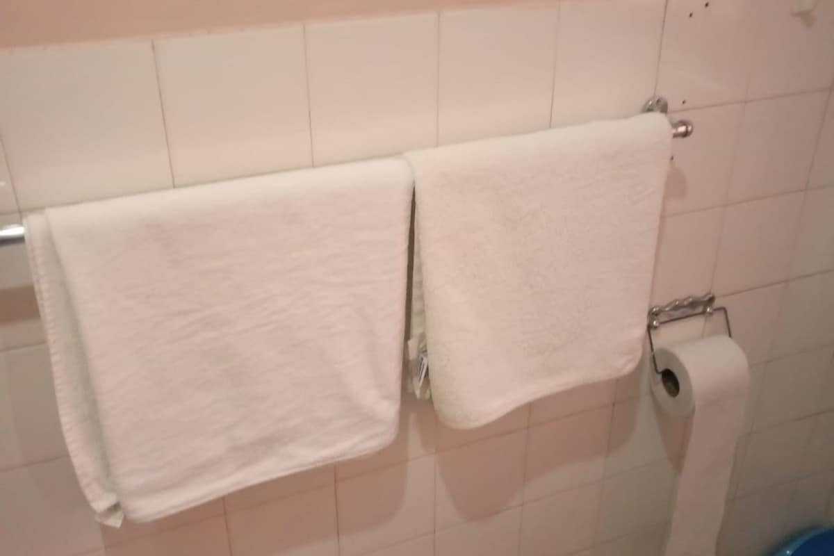 A bathroom with two white towels hanging on a rack, a toilet paper holder, and a blue trash bin.