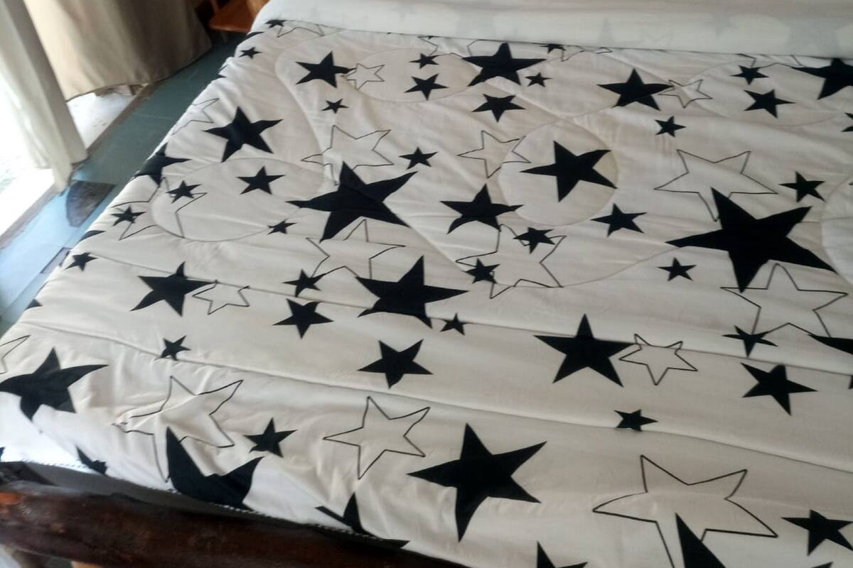 A bed with a white bedspread featuring black stars, a wooden headboard, and a bedside table with a lamp.