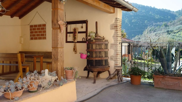 A rustic outdoor seating area with wooden benches, a wooden post, and a rustic barrel. - Sun-kissed Holiday Home With Swimming Pool (Narni)