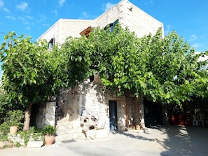 Traditional stone building with a rustic charm, featuring a doorway partially hidden by lush foliage.