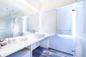 Douche, séchoir à cheveux, pantoufles, bidet