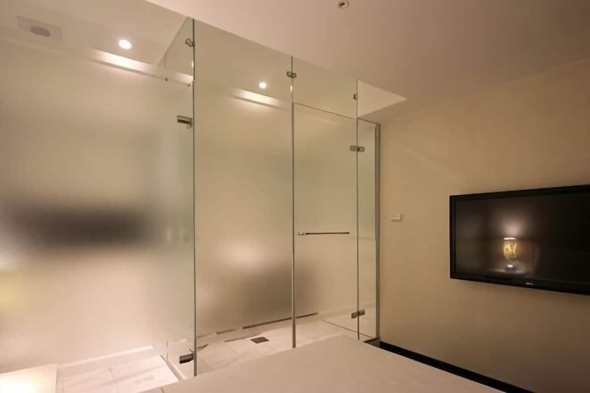 A modern bathroom with a glass shower enclosure, a mounted TV, and a visible toilet.
