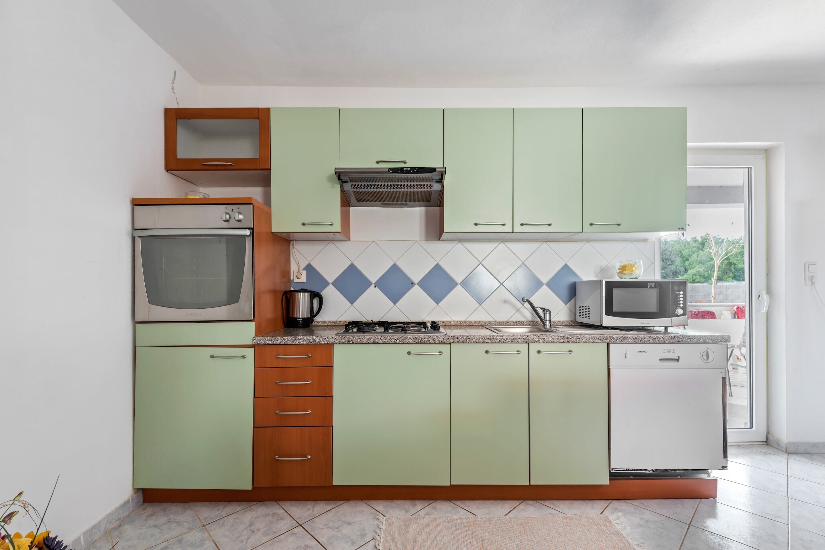 A kitchen with a microwave, stove, oven, and dishwasher.