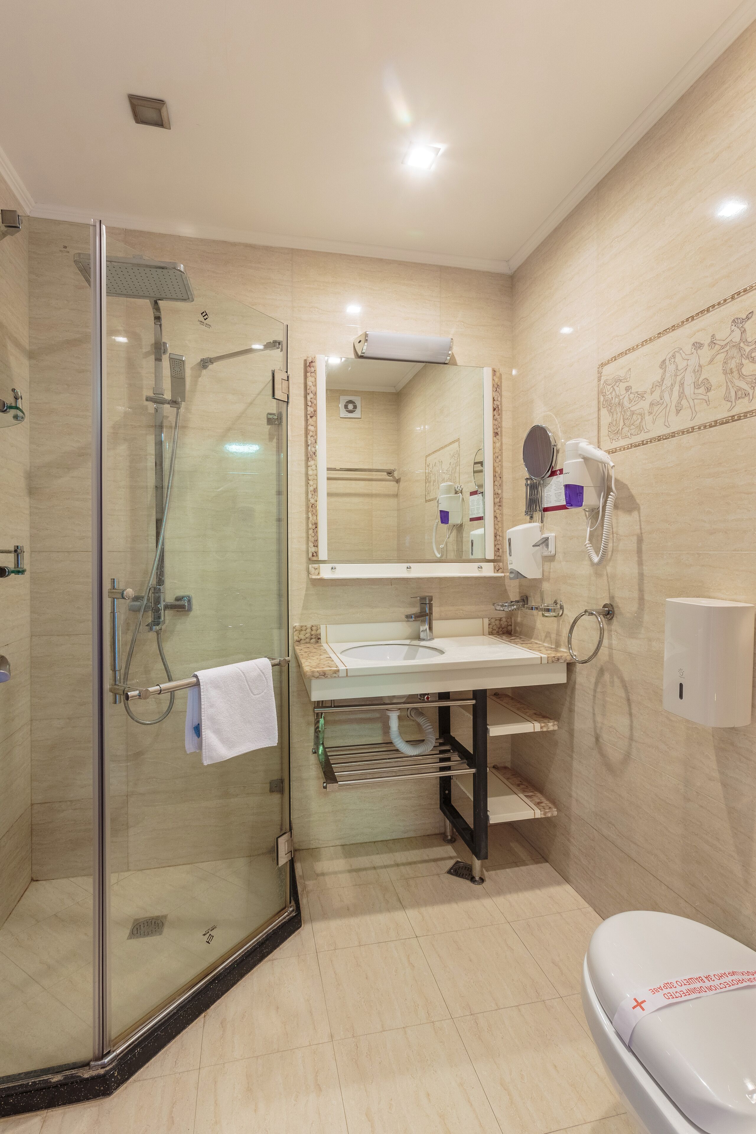 A modern bathroom with a glass-enclosed shower, a sink with a mirror, and a toilet.