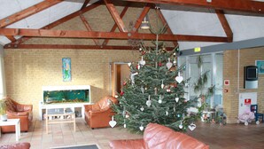 A spacious living room with a large fish tank, leather sofas, a Christmas tree, and a brick wall. - Danhostel Sakskøbing (Sakskobing)