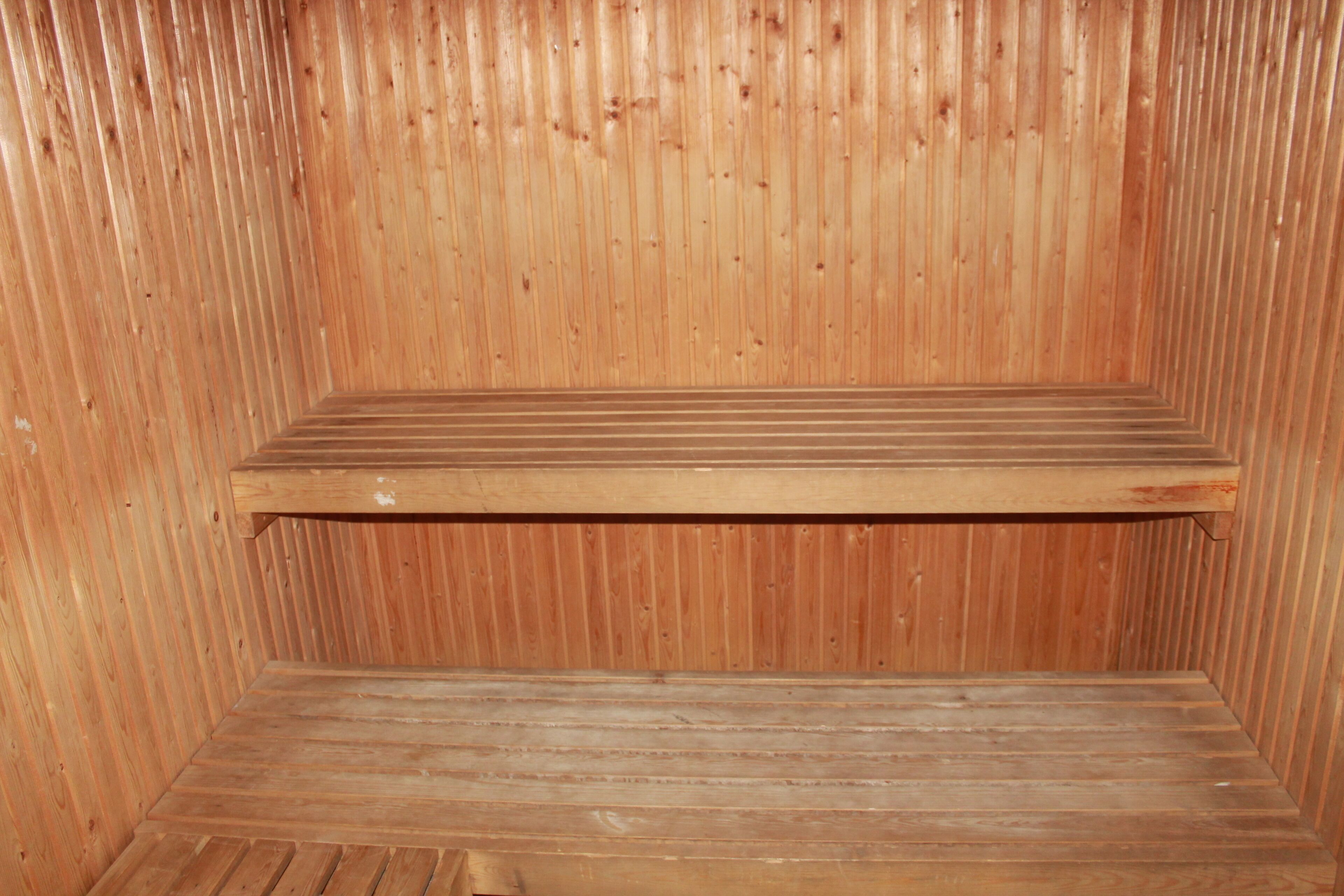 A wooden sauna with two benches.