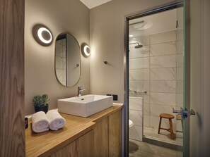 Shower, free toiletries, hair dryer, bathrobes