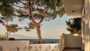 A staircase leading to a building with a view of the sea and mountains in the background. - Oceanis Luxury Suites (Zakynthos)