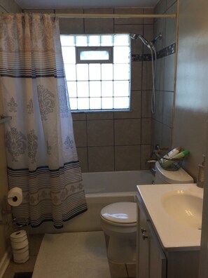 Combined shower/bathtub, hair dryer, towels, soap