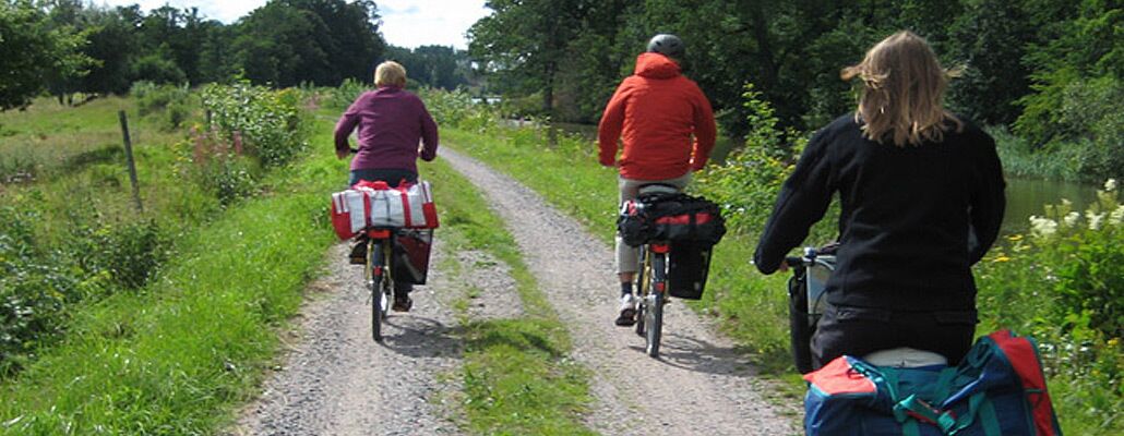 Three people riding bicycles on a gravel path surrounded by greenery.