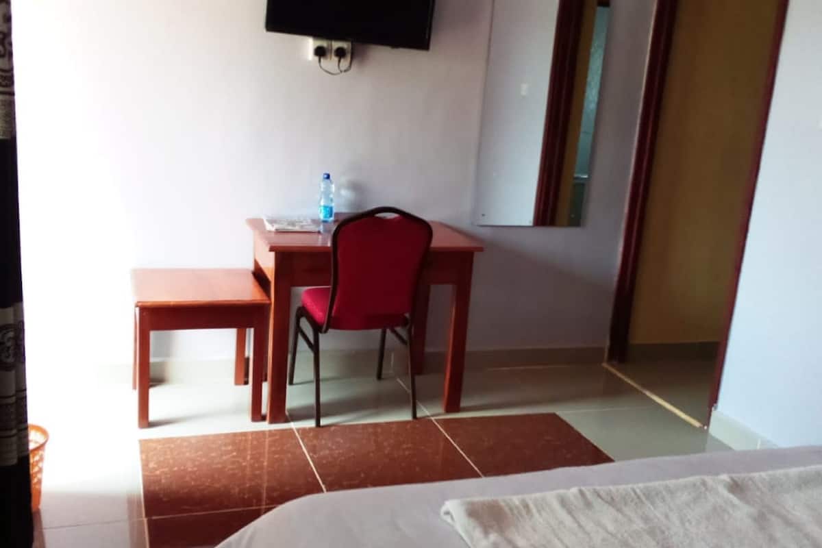 Una habitación de hotel con cama, escritorio, silla, televisor y espejo.