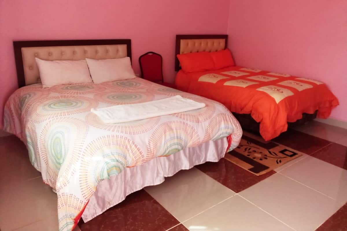 Una habitación con dos camas, una con colcha estampada y la otra con colcha de color liso.