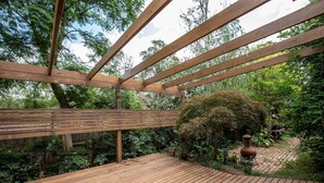 Una terraza de madera con una estructura de pérgola, rodeada de exuberante follaje y árboles.