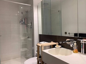 A modern bathroom with a glass shower enclosure, a white sink, and a large mirror above the sink.