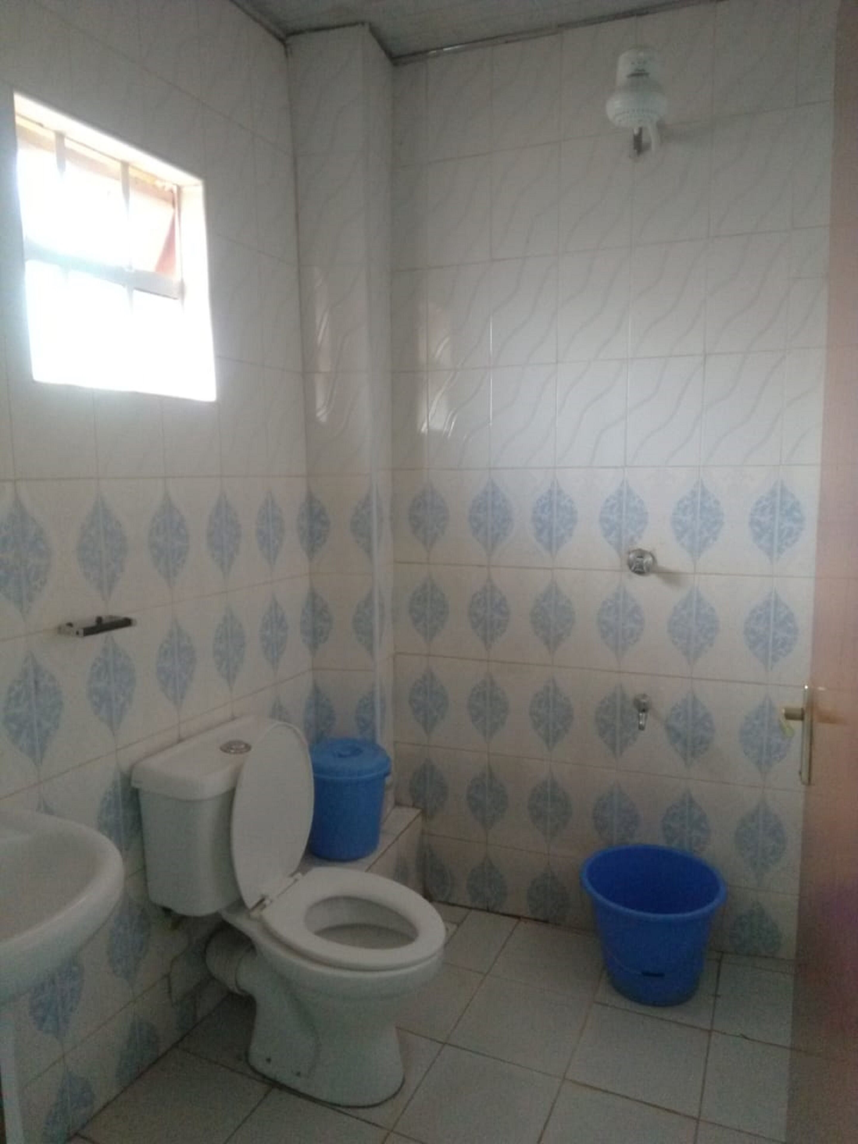 Une salle de bain avec des toilettes, un lavabo et une douche.