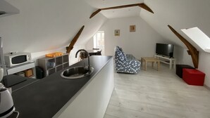 A modern loft apartment with a kitchen, dining area, and living space. - Cozy 1-Bedroom Apartment Near Saint Roch Thermal Baths, La Roche-Posay (La Roche-Posay)