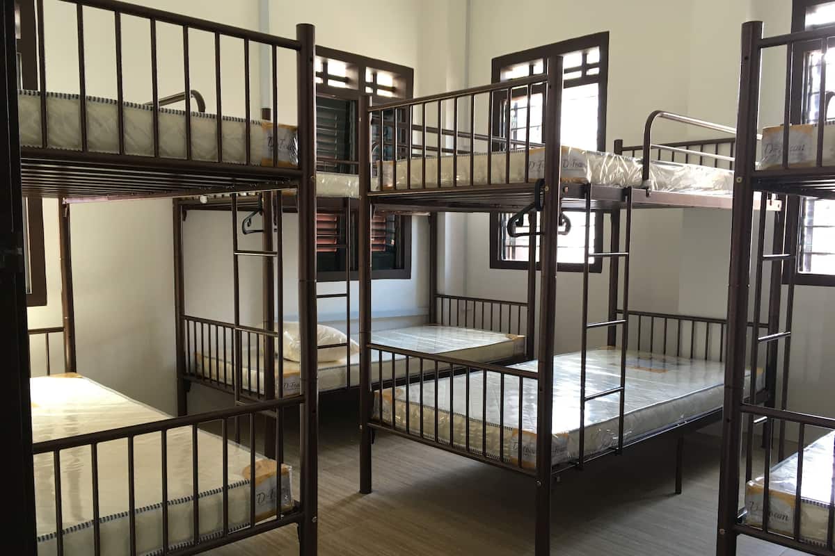 A dormitory room with bunk beds, a window with blinds, and a door.