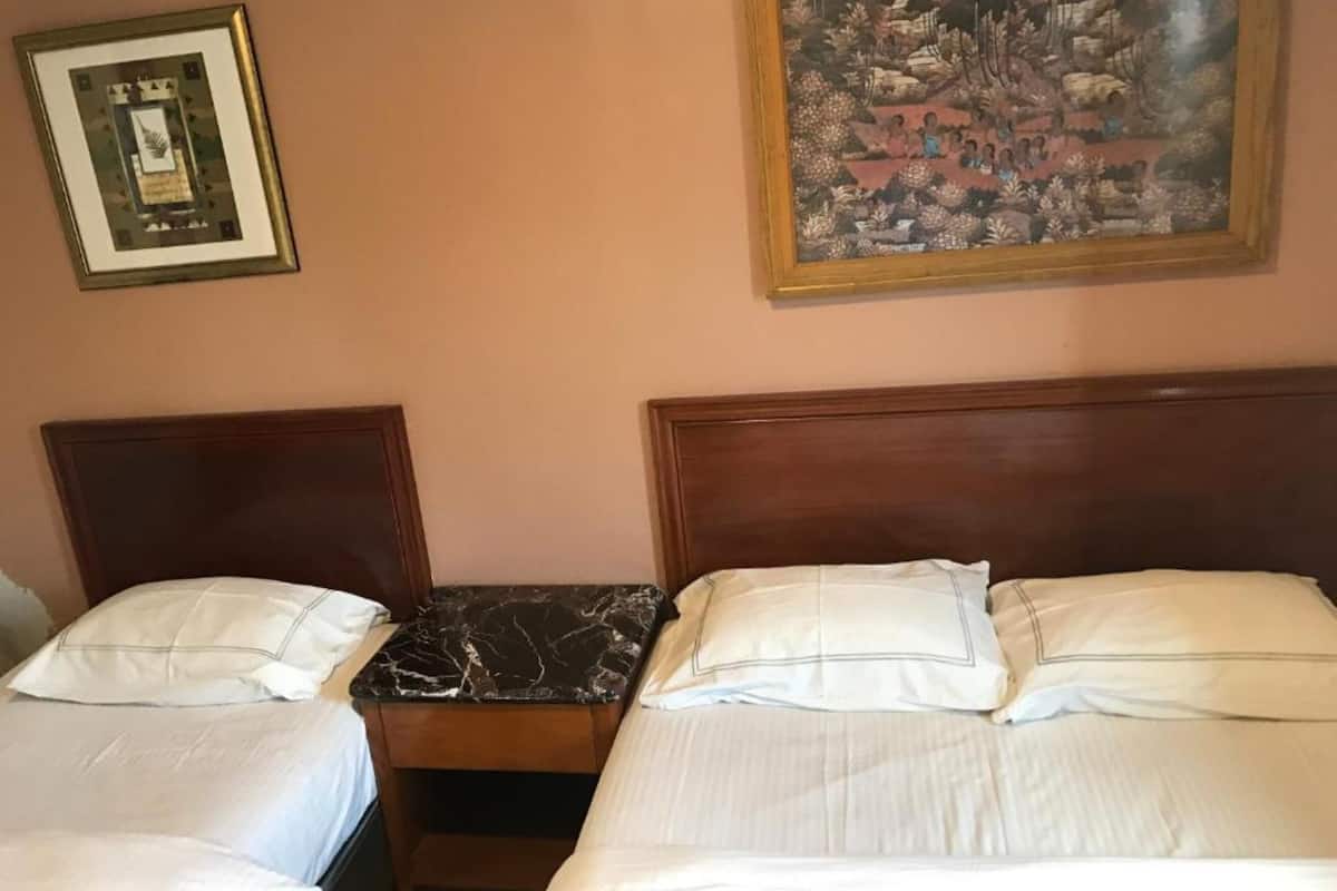 Une chambre d’hôtel avec deux lits simples, une petite table de chevet en bois, un tableau encadré au mur et une peinture au-dessus du lit.