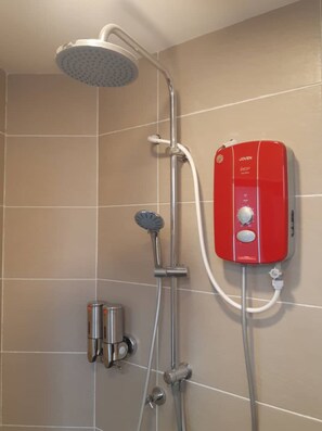 Shower, free toiletries, hair dryer, towels