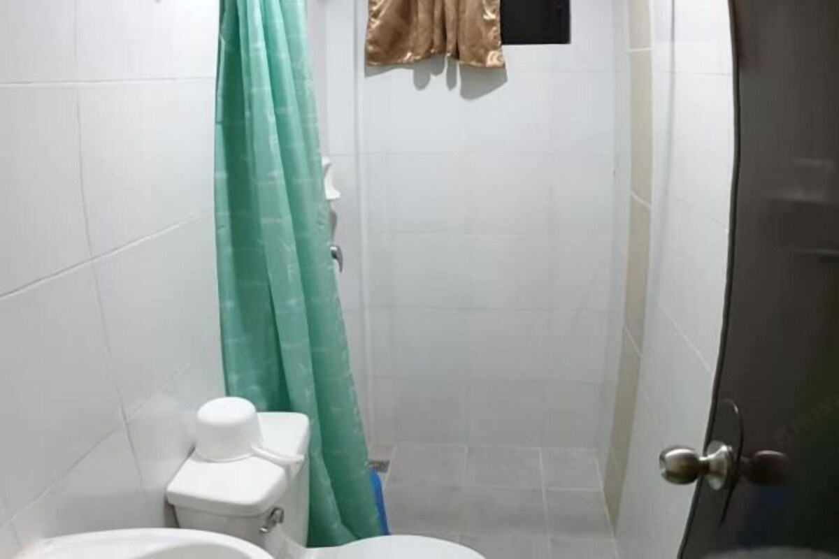 A small bathroom with white tiles, a toilet, a green shower curtain, and a door with a round handle.
