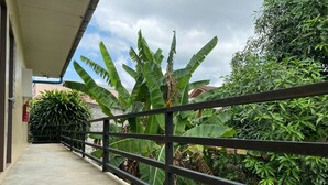 A covered walkway with a metal railing, surrounded by lush greenery including banana plants and other foliage. - Andaman Place (Thep Krasattri)