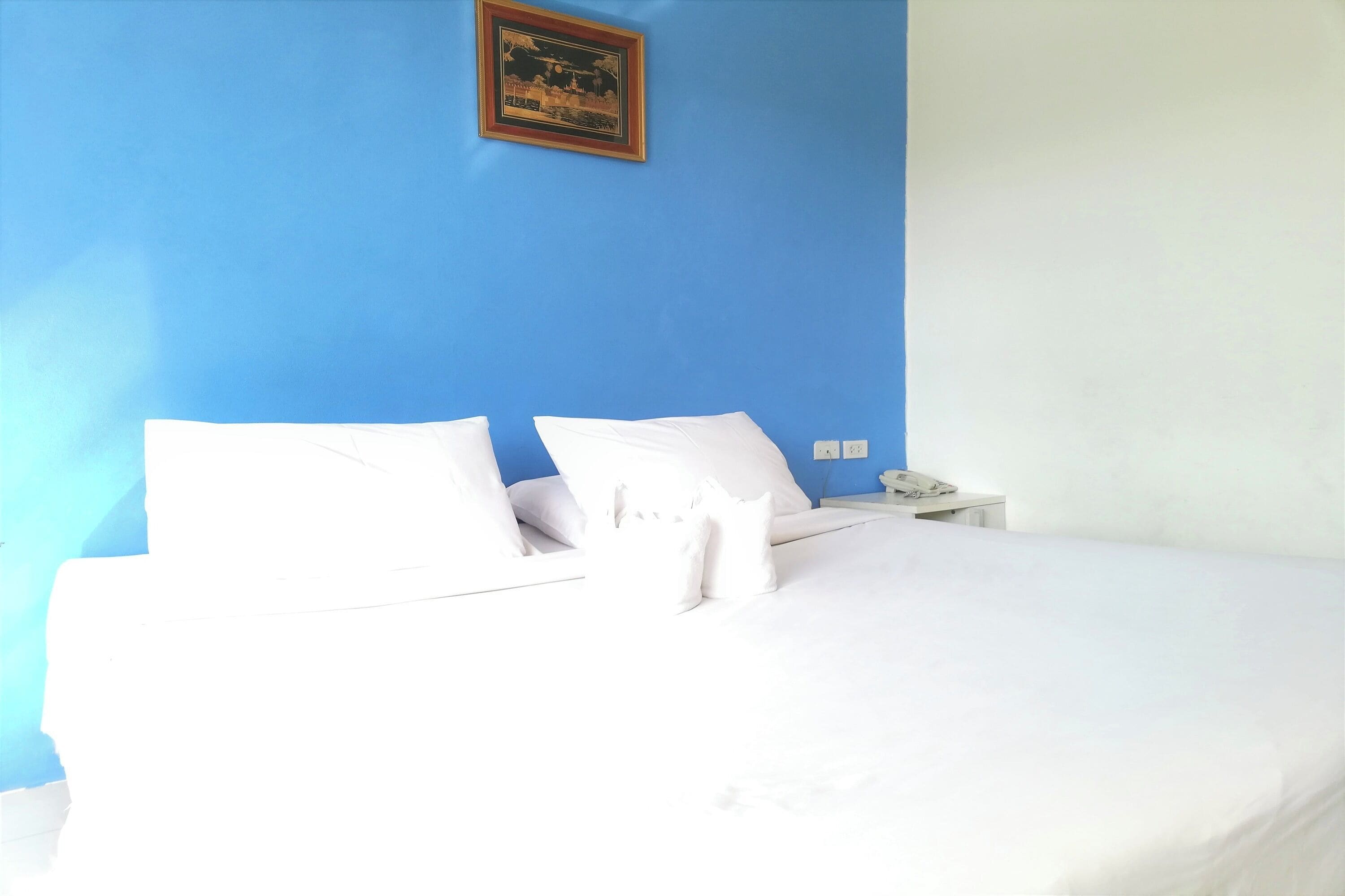 A bed with white bedding and pillows, a nightstand with a phone, and a framed picture on the wall.