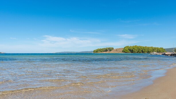 Una playa con agua cristalina, una orilla arenosa y una pequeña isla con árboles.