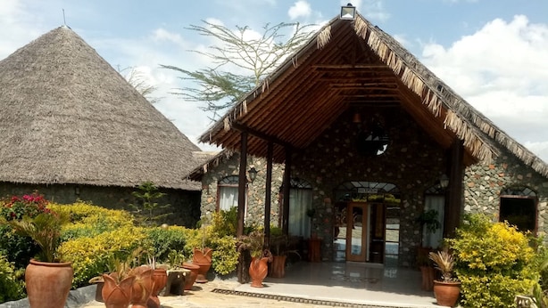 A rustic building with a thatched roof and stone walls, a reception area, and potted plants in the foreground. - Oldonyo Lodge (Nakuru)