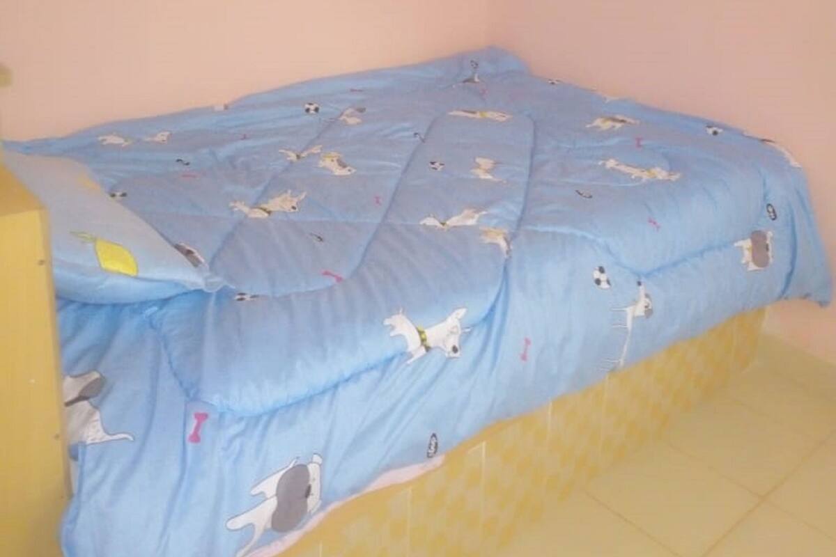 A small, single-bed room with a blue bedspread featuring animal prints, a yellow wall, and a yellow door.