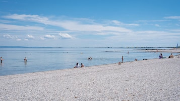 Pantai pribadi, kursi berjemur, payung pantai, dan bar pantai