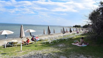 Private beach, sun loungers, beach umbrellas, beach bar