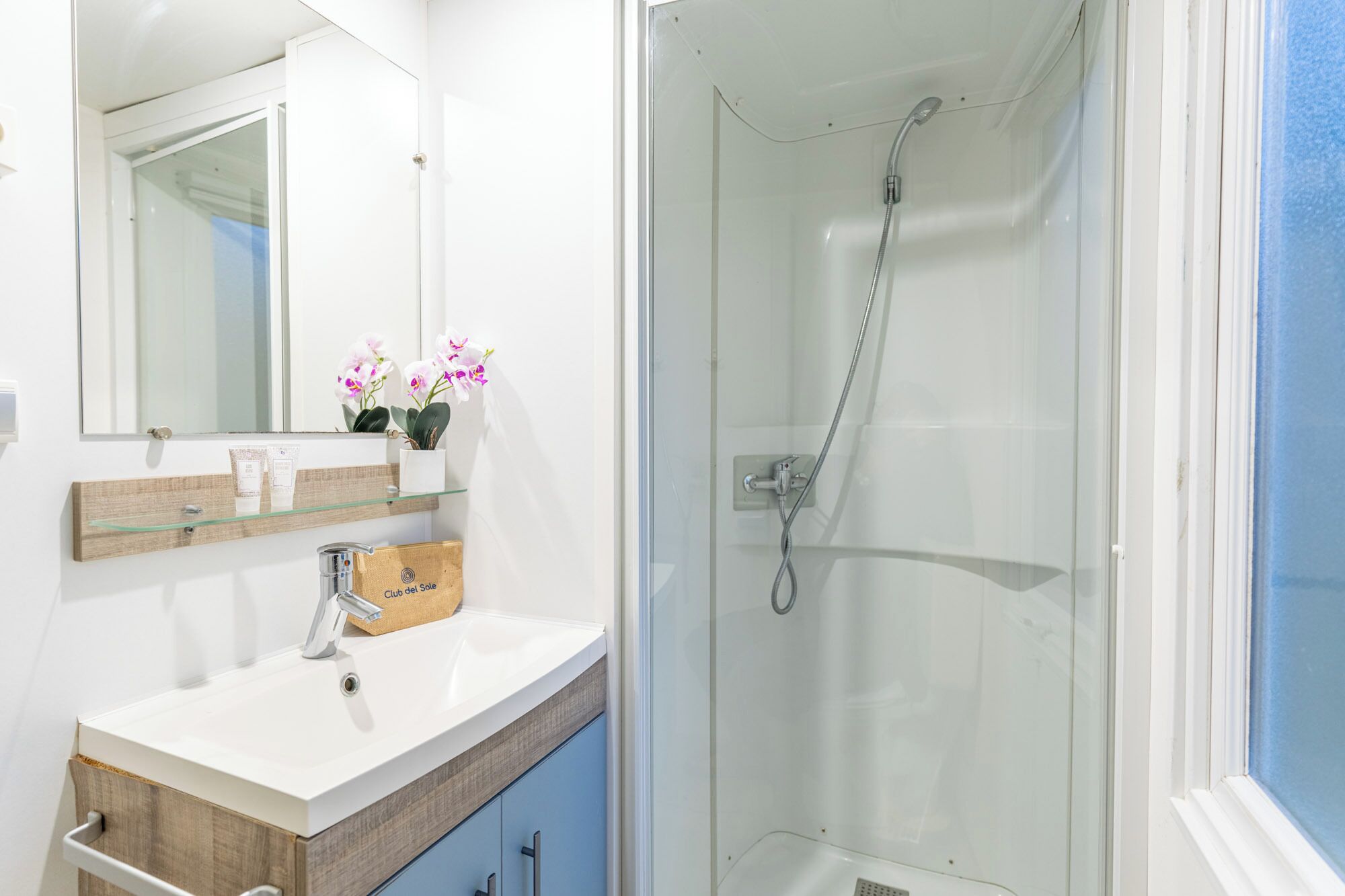Un baño con mampara de vidrio, un lavamanos blanco con tocador de madera, un espejo con repisa superior y una puerta azul.