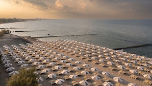 A beach with numerous umbrellas and sun loungers arranged in rows. - Club Del Sole Spina Family Collection (Comacchio)