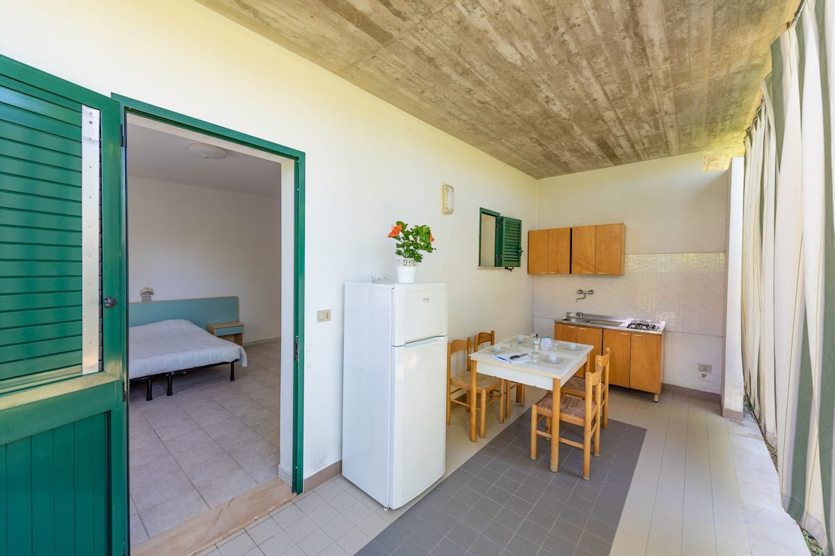 Standard Studio, Patio | Cocina privada | Frigorífico, placa de cocina, molinillo de café y utensilios de cocina