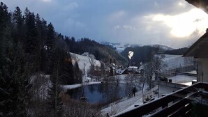 A snow-covered landscape with a river, buildings, and a bridge. - Tannehüsle large - quiet, with a south-facing view (St. Märgen)