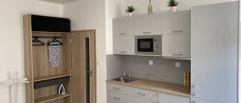 Fridge, microwave, stovetop, electric kettle