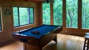 Ein Billardtisch in einem Raum mit Holzwänden und großen Fenstern mit Blick auf einen Wald.